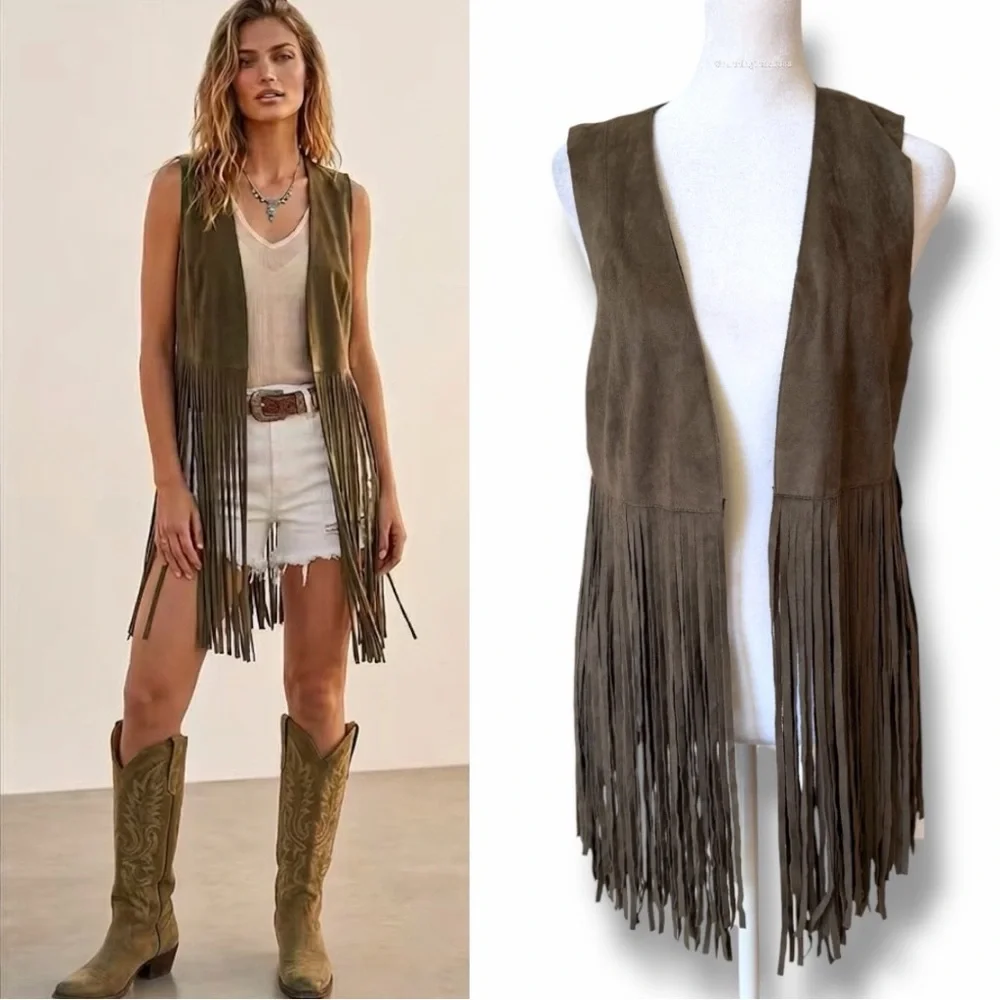 FATE Woodstock Olive Green Faux Suede Fringe Vest Western Festival Boho  Small - Picture 2 of 13